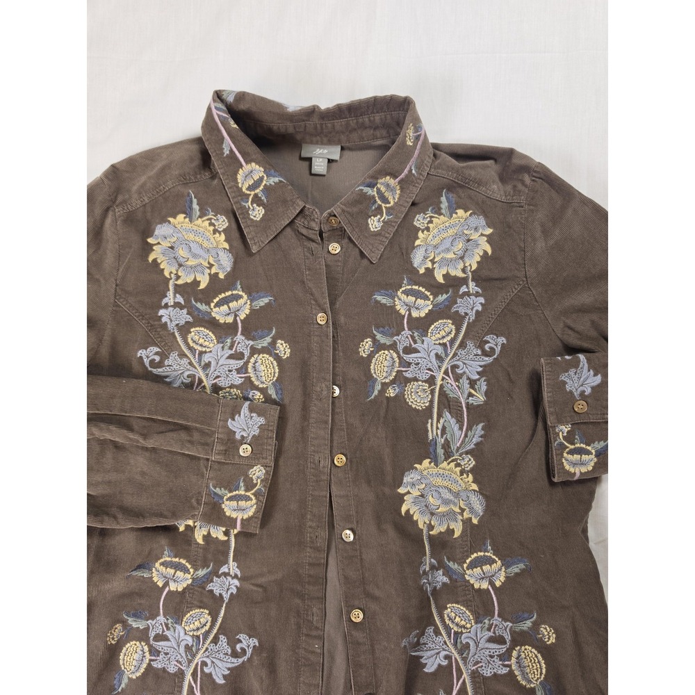 J Jill Shirt Womens PL Petite Brown Floral Embroidered Corduroy Top Button Up